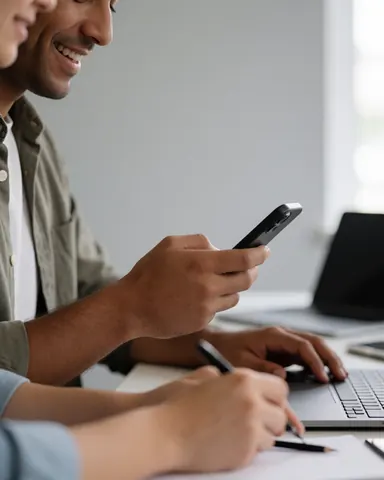 A man checks a mobile phone in an office setting.