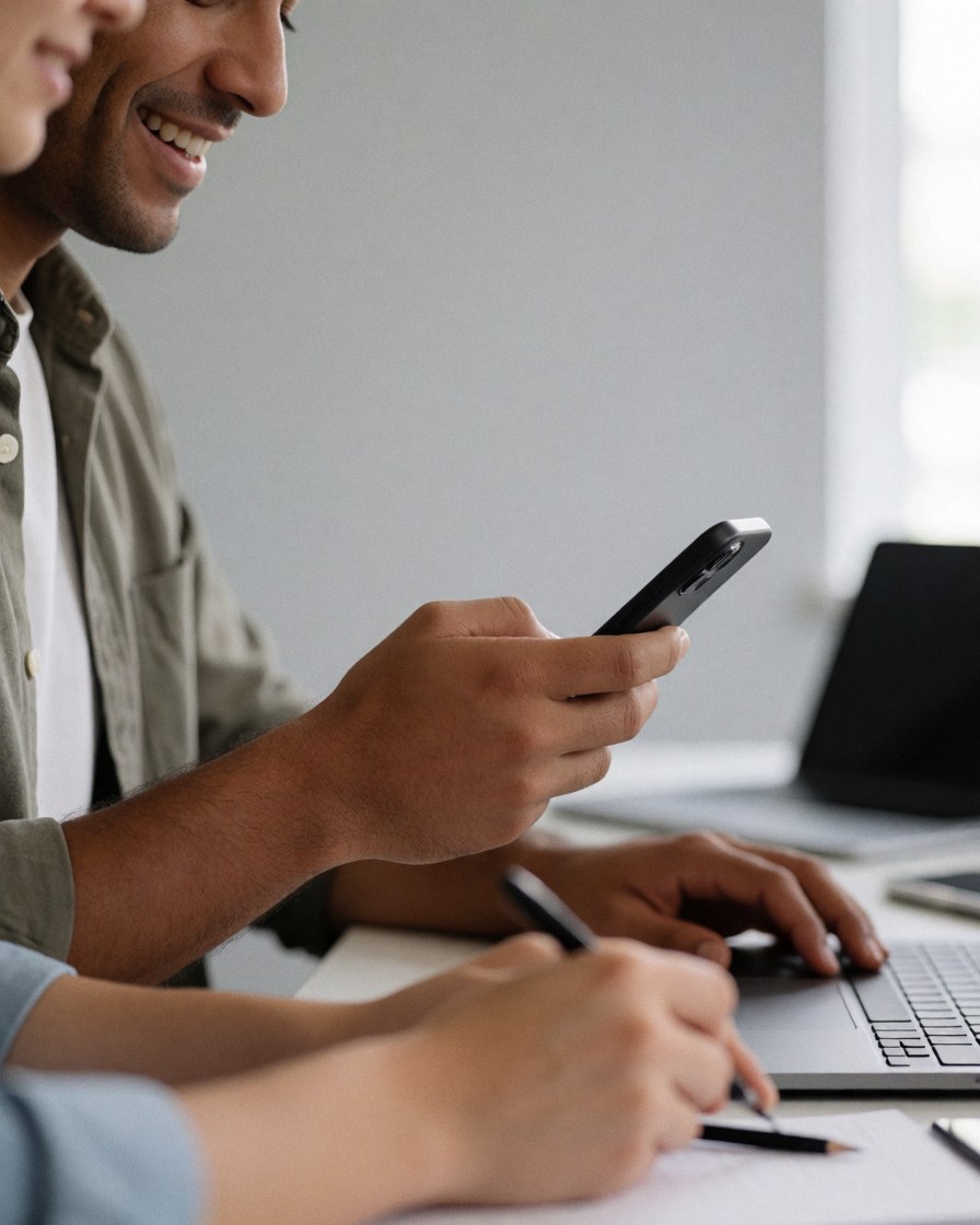 A man checks a mobile phone in an office setting.