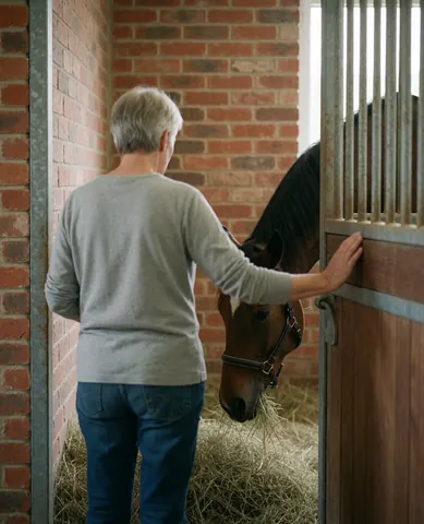 Back view of a person observing a brown horse eating hay in a red brick corral with hand on metal gate