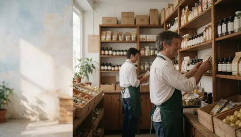 Employees arranging items on wooden shelves in a warehouse with natural light and copy space