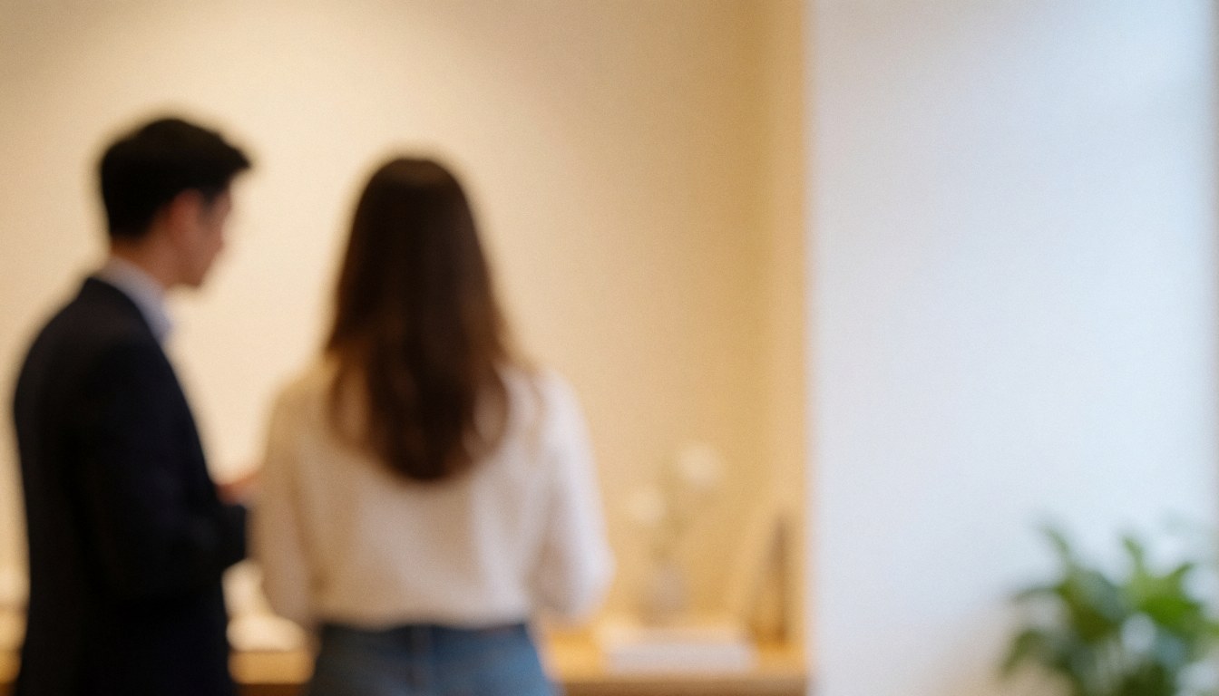 Two individuals seen from behind in a bright room with light walls and ample empty space on the right side, suitable for text overlay.