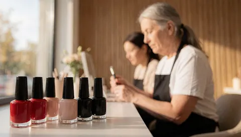 Bottles of colorful nail polish displayed in the foreground near a window with natural light.