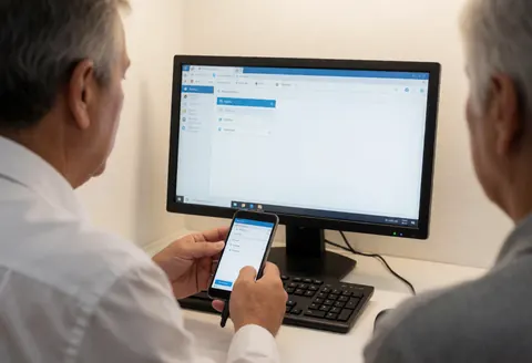 Technician showing mobile app on phone while working at a service station