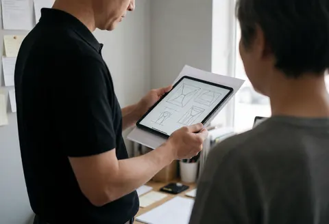 Professional displays lighting diagrams on a tablet in an orderly studio with natural light and light gray walls.