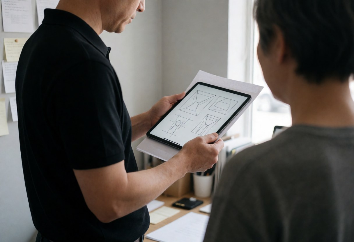 Professional displays lighting diagrams on a tablet in an orderly studio with natural light and light gray walls.