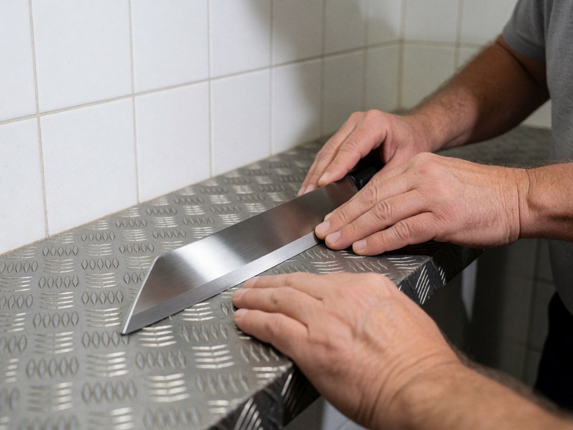 Hands sharpening a knife on a steel plate with white tiled walls in the background, close-up detail of a professional kitchen tool.
