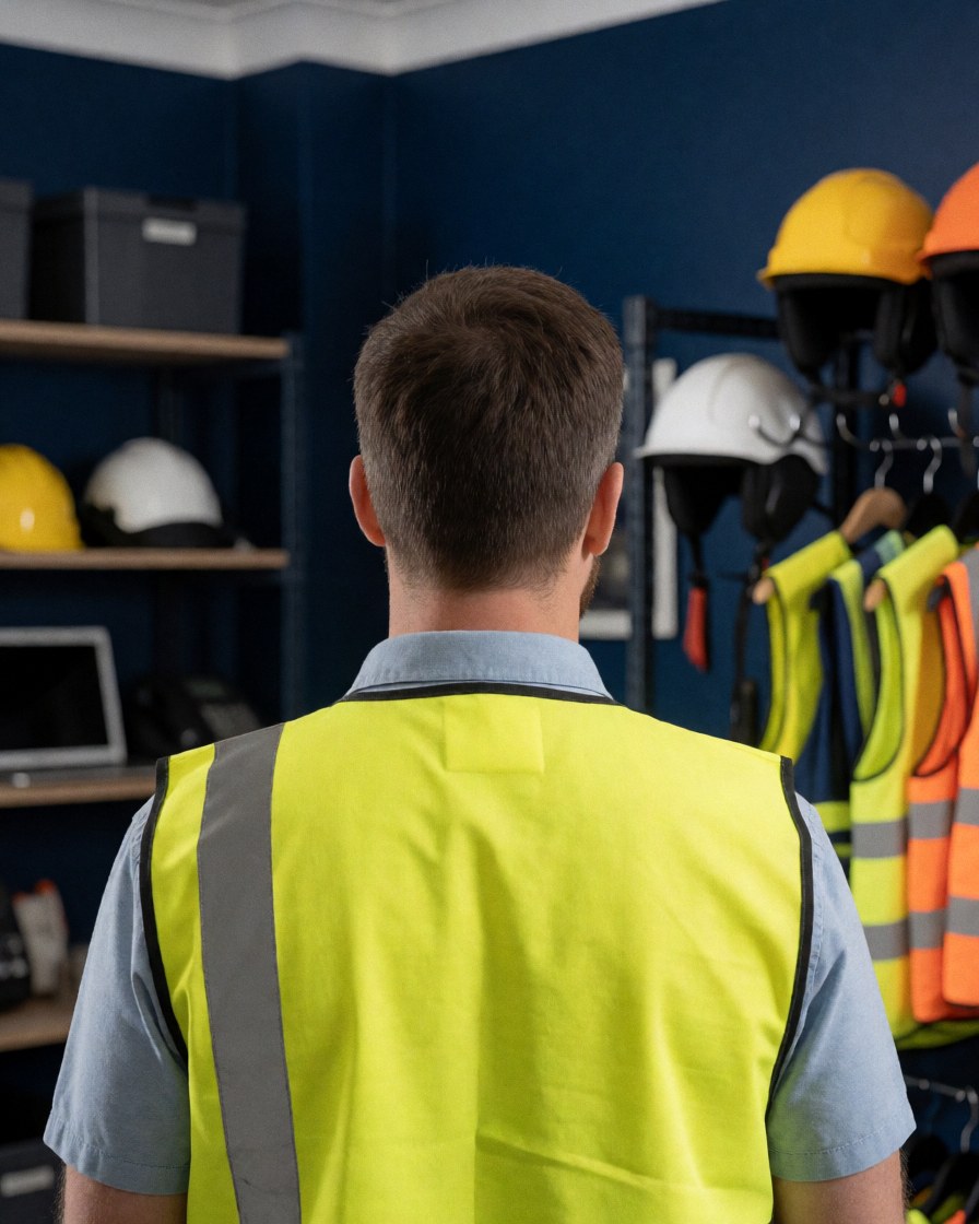 Customer wearing a yellow vest looking at helmets and safety equipment on shelves in a store with blue walls.