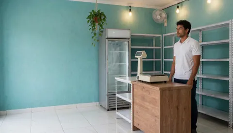 Interior of a minimarket featuring turquoise walls, a glass refrigerator, a weighing scale, and a wooden cash counter suitable for a website hero image