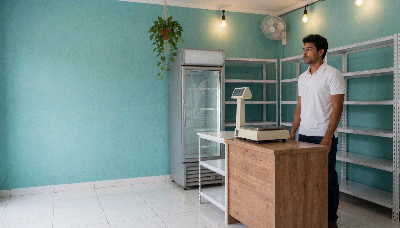 Interior of a minimarket featuring turquoise walls, a glass refrigerator, a weighing scale, and a wooden cash counter suitable for a website hero image