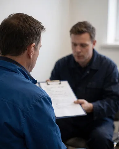 A satisfied customer reviewing a document with a professional mechanic in a well-lit auto repair shop with a white wall background.