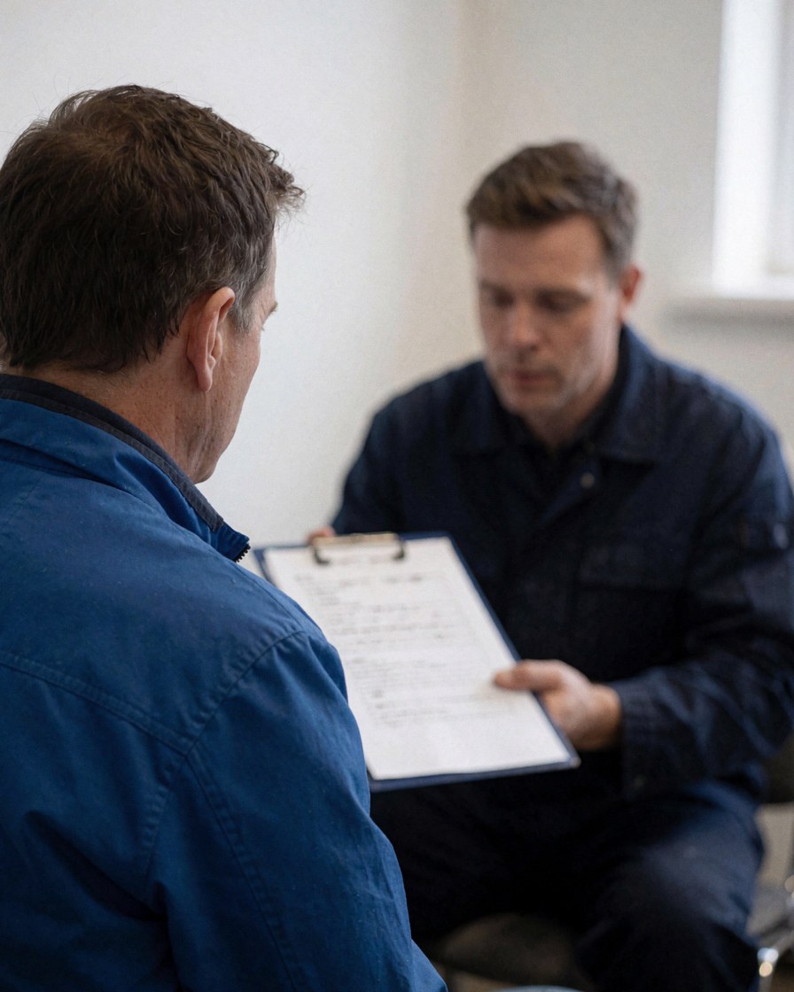 A satisfied customer reviewing a document with a professional mechanic in a well-lit auto repair shop with a white wall background.