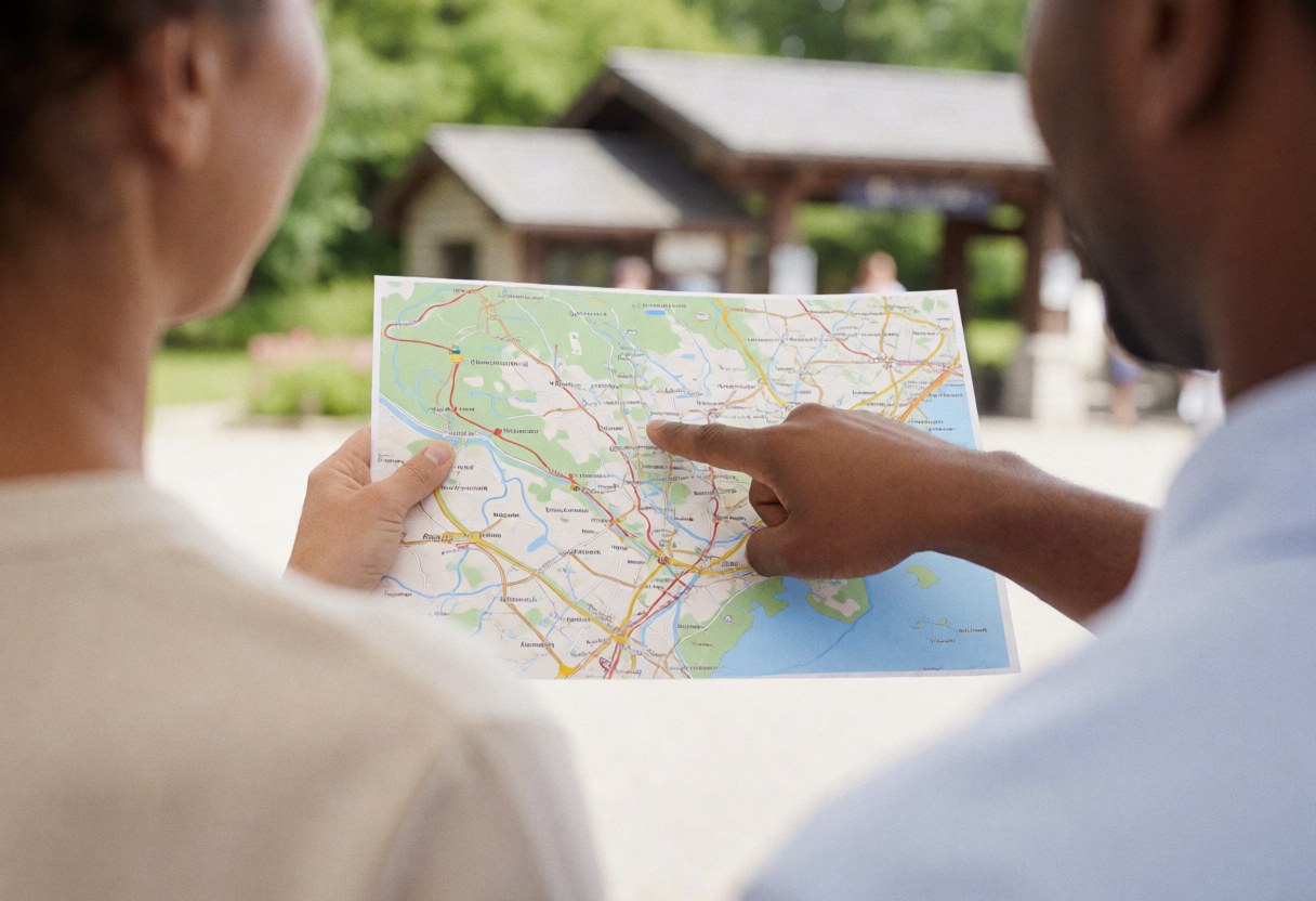 A park guide points to a specific trail on a map while standing with a visitor near the entrance of an ecological park.