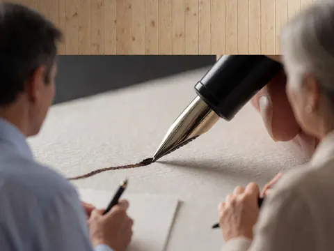 Close-up of an ink pen writing on textured paper placed on a light wood desk, suitable for office or design business contexts