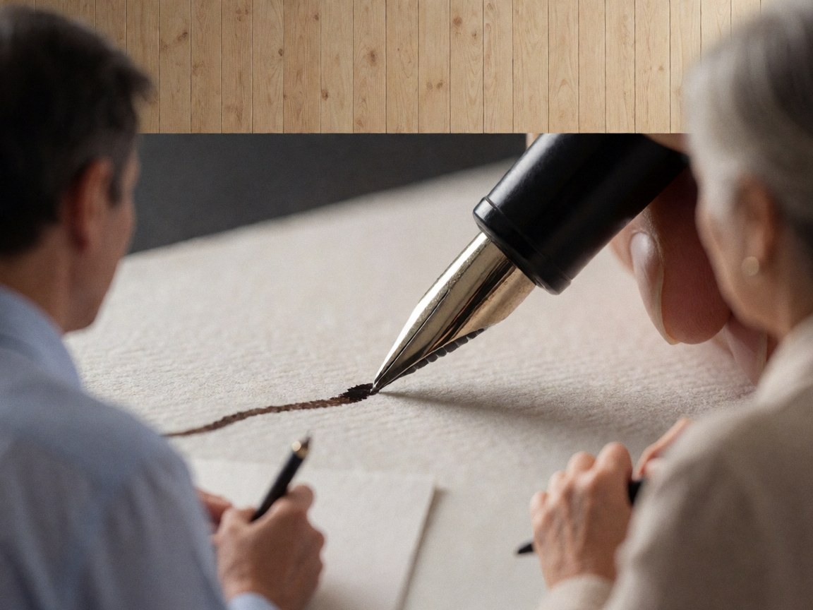 Close-up of an ink pen writing on textured paper placed on a light wood desk, suitable for office or design business contexts