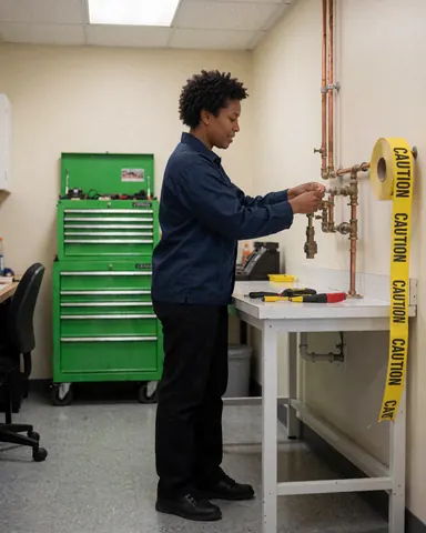 A plumber is shown repairing a copper pipe in a workshop setting with a green box and yellow tape visible nearby