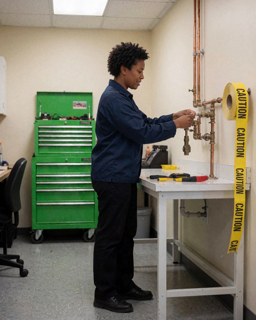 A plumber is shown repairing a copper pipe in a workshop setting with a green box and yellow tape visible nearby