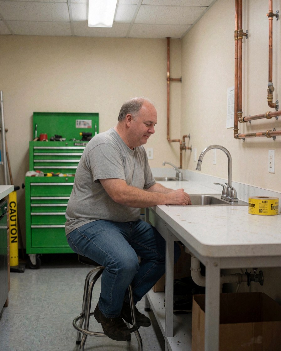 Satisfied man checking a new faucet in a plumbing workshop with copper pipes and a green toolbox