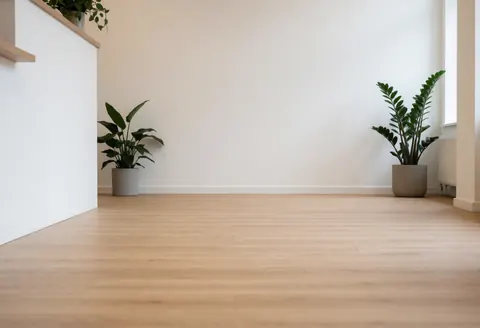Educational center reception featuring light wood flooring, white walls, and green plants illuminated by natural light.