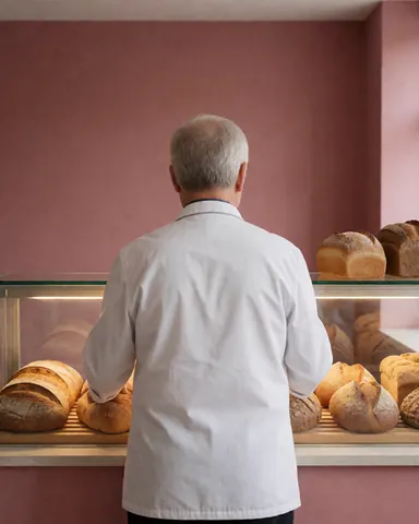 Baker in white uniform organizing fresh bread in a wooden display case with pink walls and warm lighting