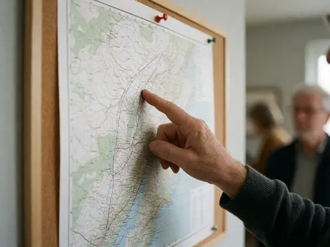 A finger points to a specific route on a topographic mountain map pinned to a corkboard inside a mountain hut.