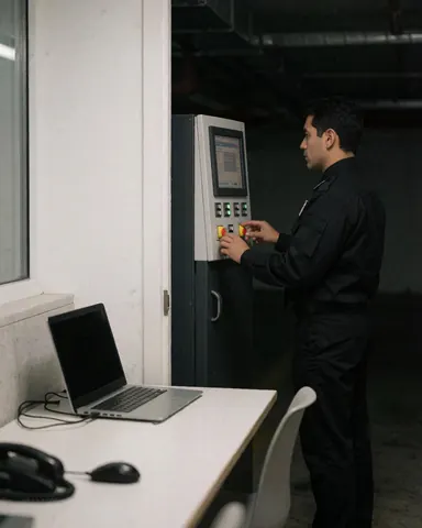 Security guard operating a control panel with a monitor and buttons inside a parking facility