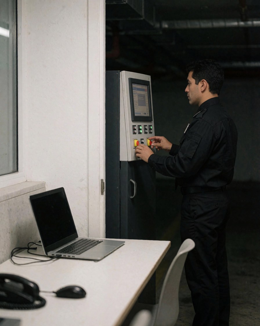Security guard operating a control panel with a monitor and buttons inside a parking facility