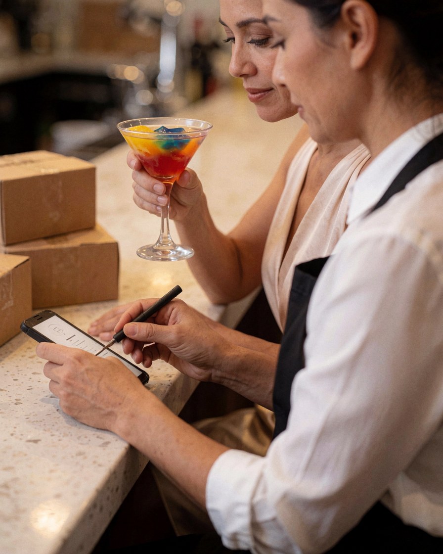 A smiling customer holds a colorful cocktail at a modern bar counter while a bartender uses a tablet to take the order.