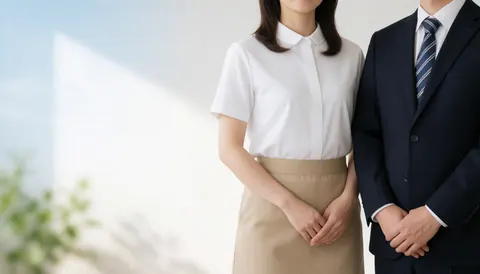 Two professionals in business attire standing against a white background with copy space on the left side