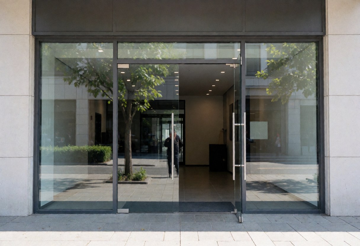 Modern storefront entrance featuring glass doors with tree reflections and a bright, welcoming interior suitable for any business.
