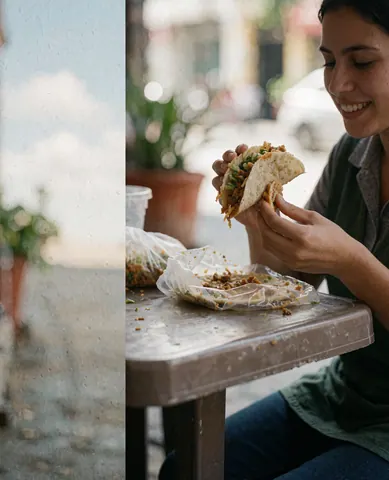 A smiling woman enjoys a taco with peas at an outdoor plastic table on a city street.