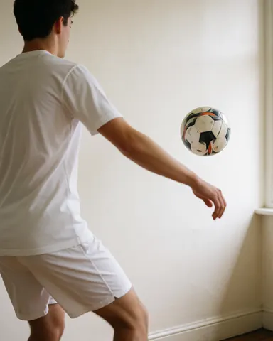 Soccer player in white sportswear passing a black and white ball against a white wall during training