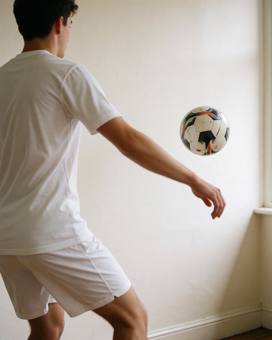 Soccer player in white sportswear passing a black and white ball against a white wall during training