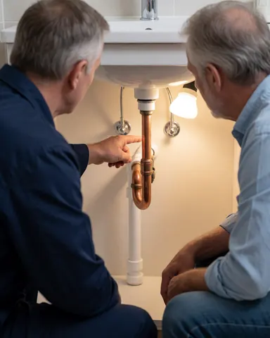 Plumber in blue uniform points to exposed copper pipe under white sink while client watches in tiled bathroom