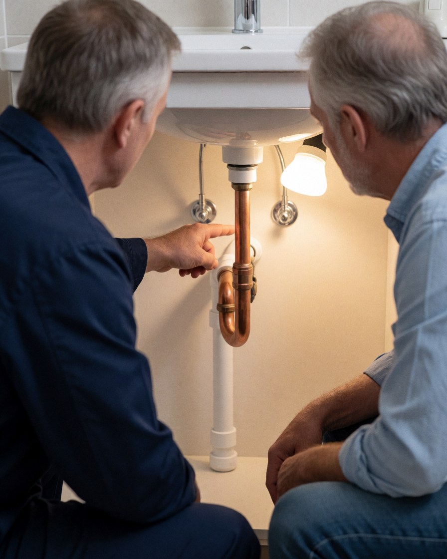 Plumber in blue uniform points to exposed copper pipe under white sink while client watches in tiled bathroom