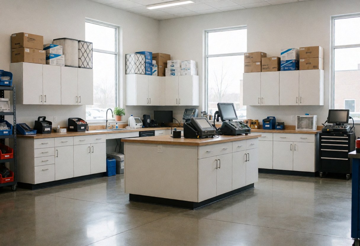 Interior of a modern HVAC workshop featuring work tables, spare parts boxes, and large windows letting in natural light.