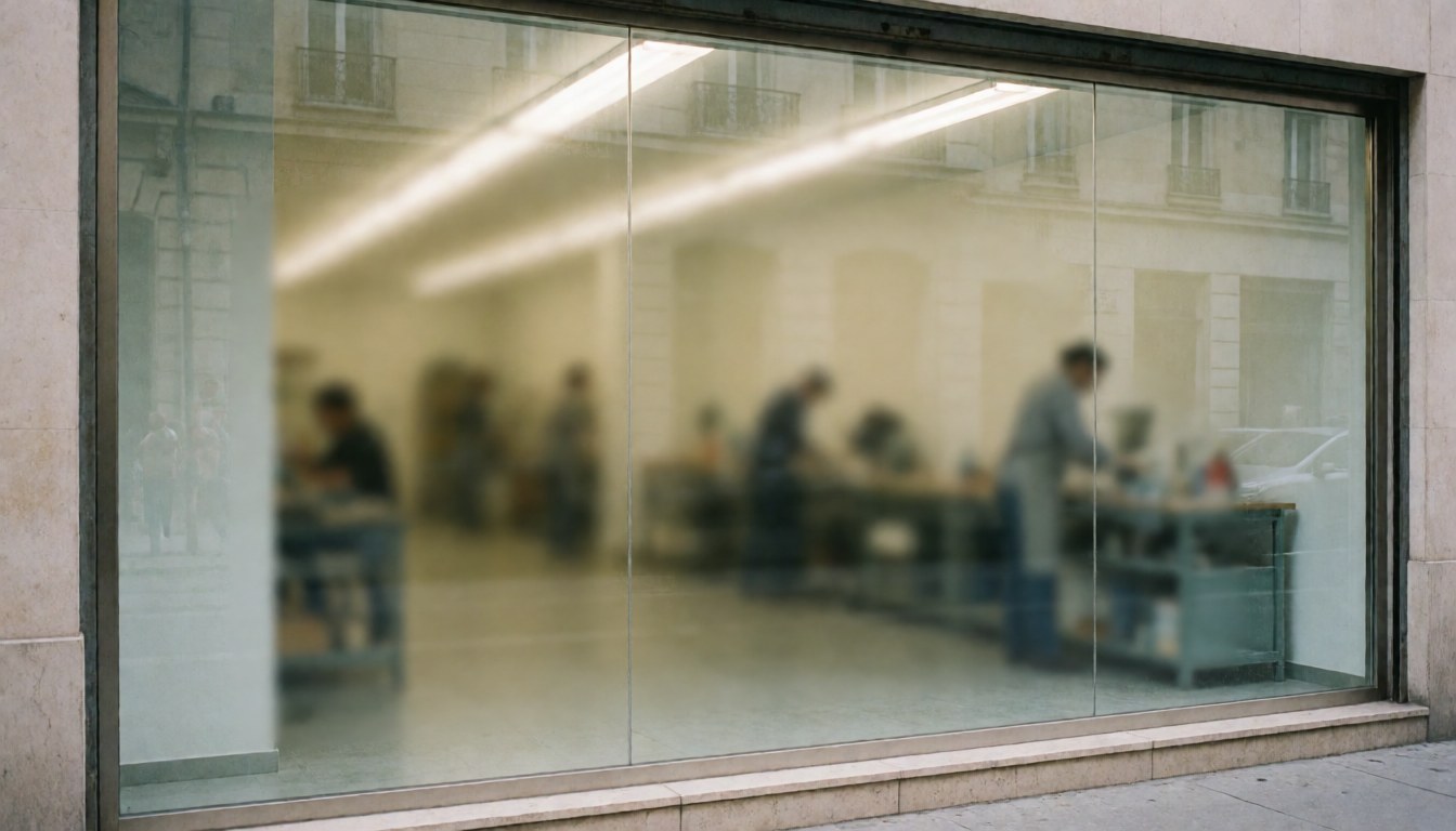 Laminated glass window revealing an interior workshop with work tables and fluorescent lighting, suitable for a business homepage.