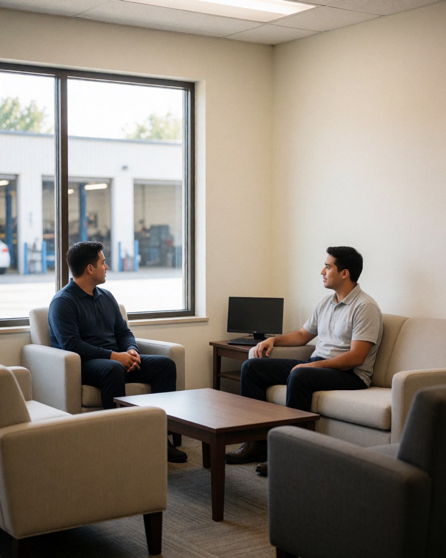 Two men sitting in a clean modern waiting room with a view of an auto repair workshop, featuring white walls and natural light.