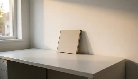Photo album resting on a white desk near a window with natural light and a white wall background