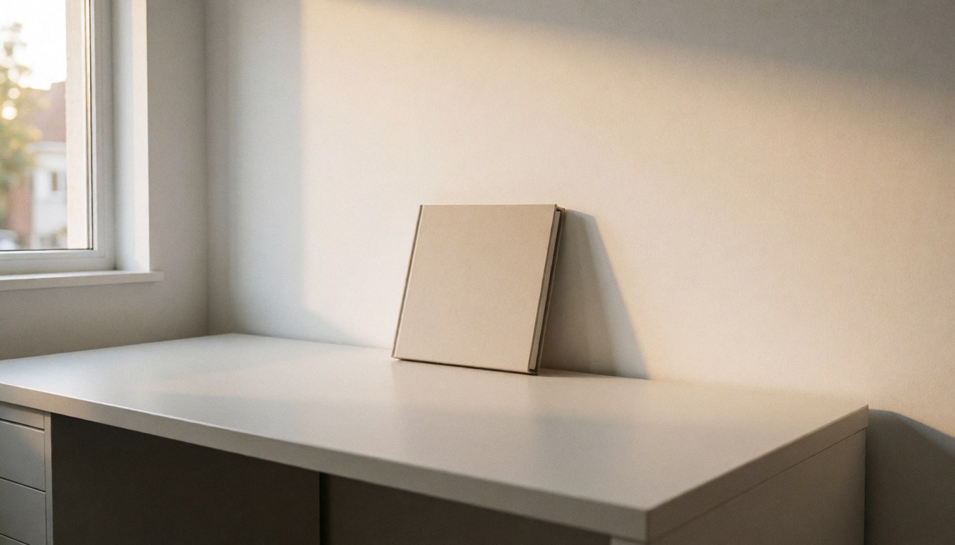 Photo album resting on a white desk near a window with natural light and a white wall background