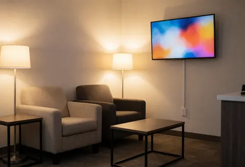 A comfortable waiting area featuring two armchairs, a coffee table, and a wall-mounted TV, suitable for business interiors.