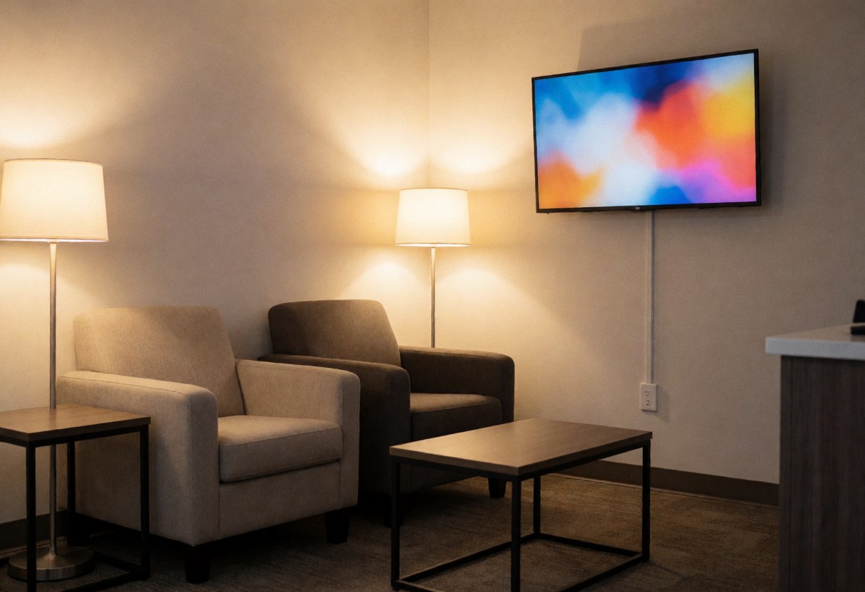 A comfortable waiting area featuring two armchairs, a coffee table, and a wall-mounted TV, suitable for business interiors.