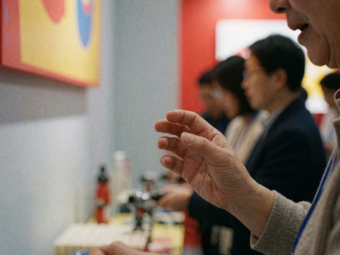 Close-up of an adult hand gesturing in response during a presentation with blurred gray walls in the background, suitable for online course marketing.
