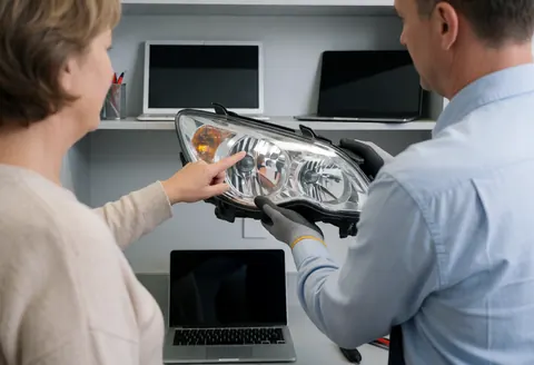 Customer points at a restored shiny headlight held by a technician in an auto body shop.
