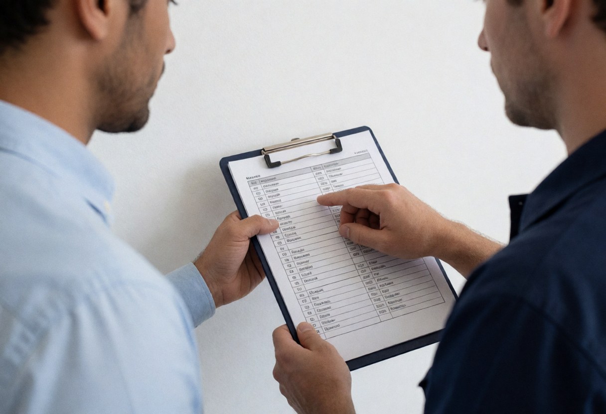 A mechanic and a client review a maintenance checklist in an office with a white wall, showing professional service.