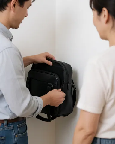 A man zips a black leather bag while a woman stands nearby in a white corner, depicting a professional business scene.