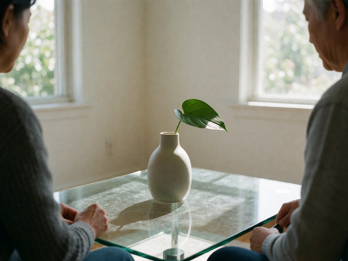 Ceramic vase holding a single green leaf placed on a glass table in a bright room with white walls and windows