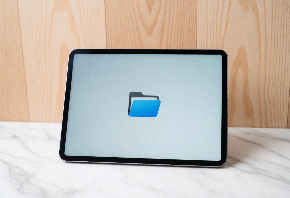 Folder icon displayed on a marble tablet surface with a light wood wall background and even lighting