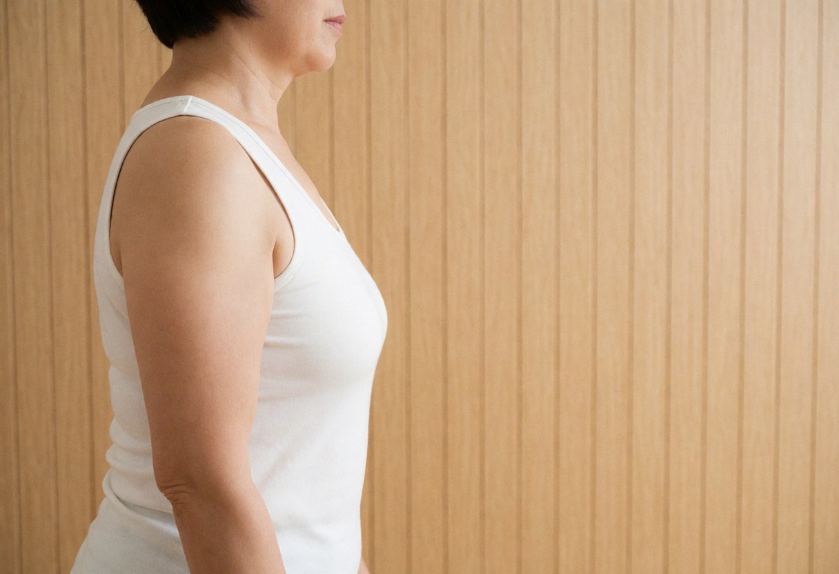 A woman in profile wearing a white blouse standing against a wooden wall with a clean background and natural light