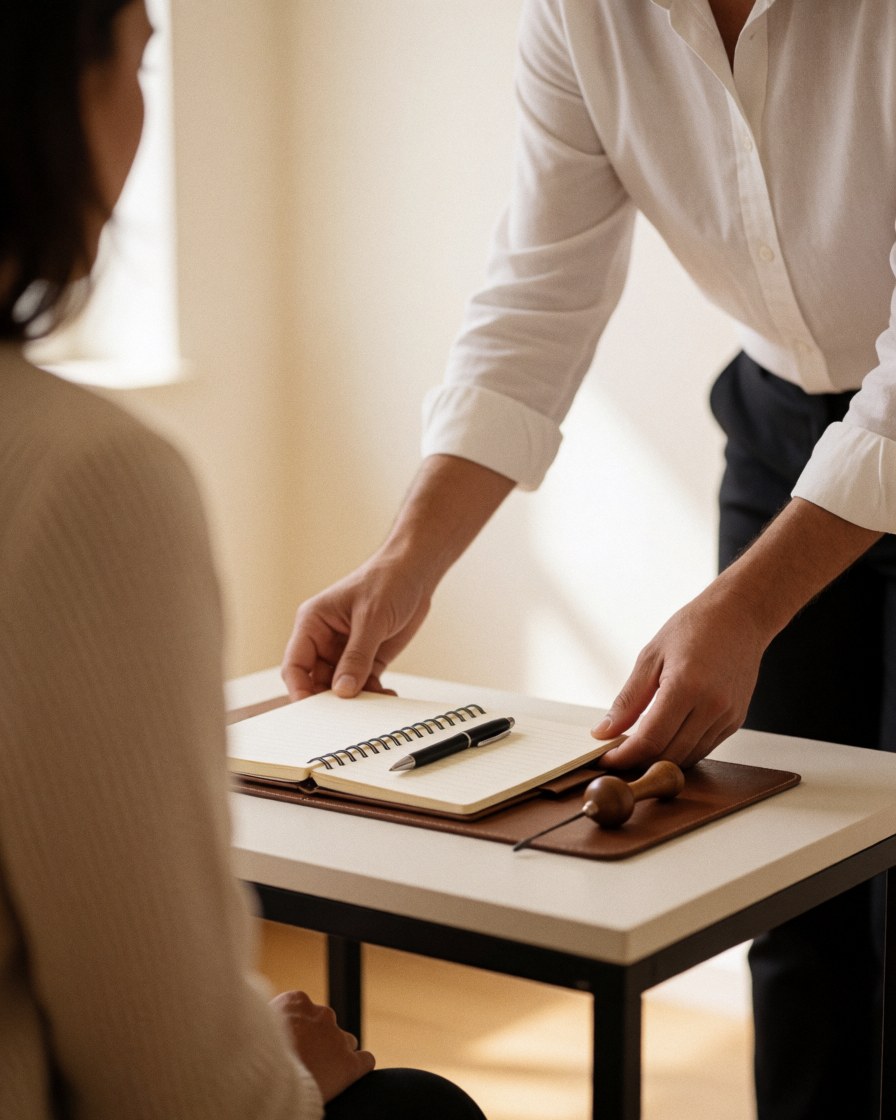 Hypnotherapist preparing a session with a notebook and wooden pendulum on a white table in a warm, professional setting