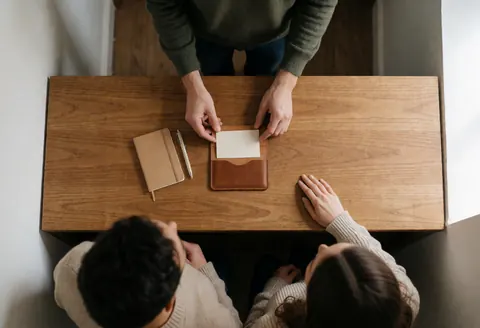 Hands placing a card into a leather portfolio on a wooden desk with a notebook and pen nearby